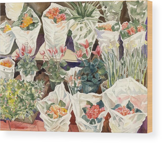 Flowers For Sale Wood Print featuring the painting Flower Shop Watercolor by Alfred Ng