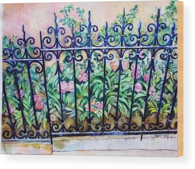Flowers Wood Print featuring the painting Flowers and Fence on Eighth Avenue by Nancy Wait