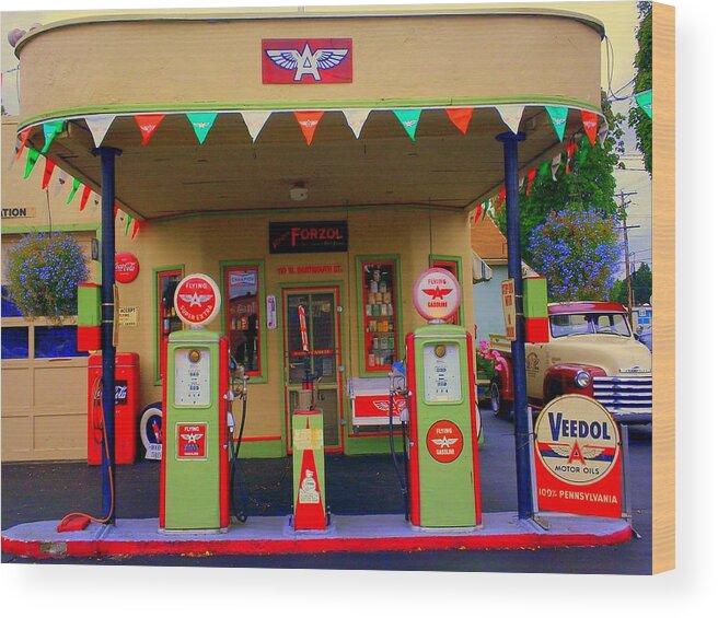 Old Gas Station Wood Print featuring the photograph Flying A Gas Station by Randall Weidner