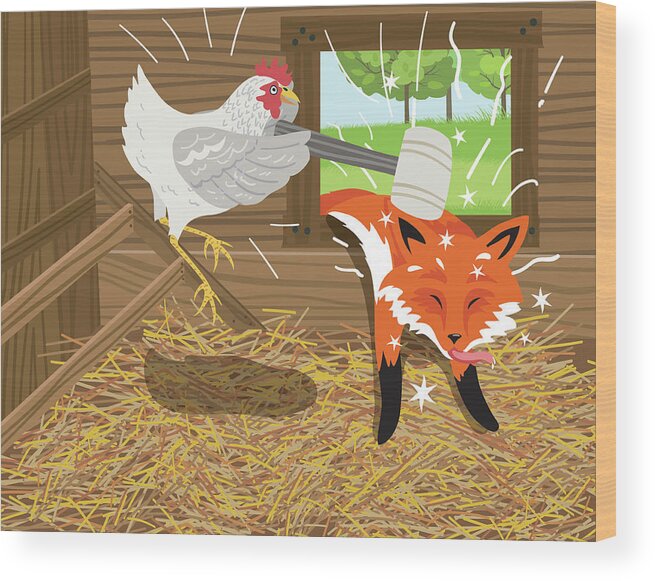 Hiding Wood Print featuring the digital art Fox Passed Out After Being Hit With A by Diane Labombarbe