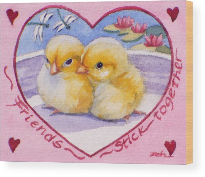 Valentine Print Wood Print featuring the painting Friends Stick Together Valentine by Janet Zeh