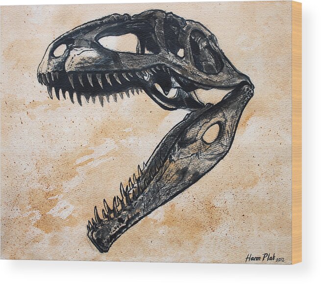 Dinosaur Wood Print featuring the painting Giganotosaurus skull by Harm Plat