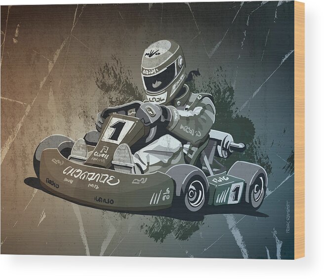 Kart Wood Print featuring the digital art Go-Kart Racing Grunge Monochrome by Frank Ramspott
