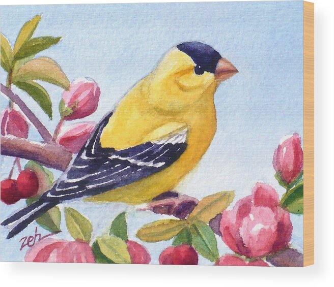 Goldfinch Bird Print Wood Print featuring the painting Goldfinch in a Crab Apple Tree by Janet Zeh