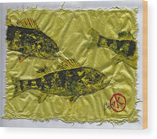 Gyotaku Wood Print featuring the mixed media Gyotaku - Yellow Perch - Walleye by Jeffrey Canha