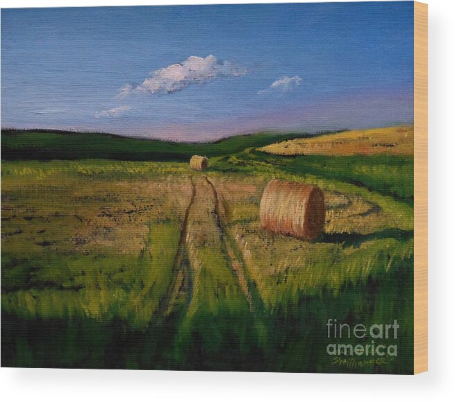 Farm Wood Print featuring the painting Hay Rolls on the Field by Christopher Shellhammer