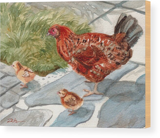 Hen And Chicks Wood Print featuring the painting Hen and Chicks by Janet Zeh