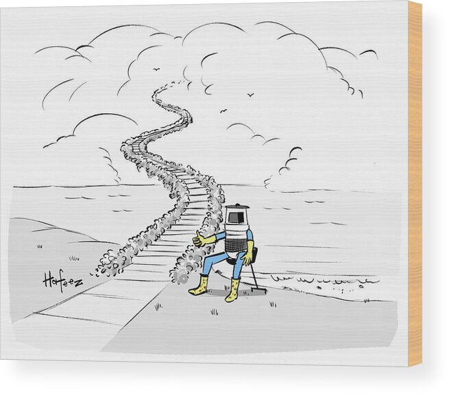 Cartoon Wood Print featuring the drawing Hitchhiking To Heaven by Kaamran Hafeez