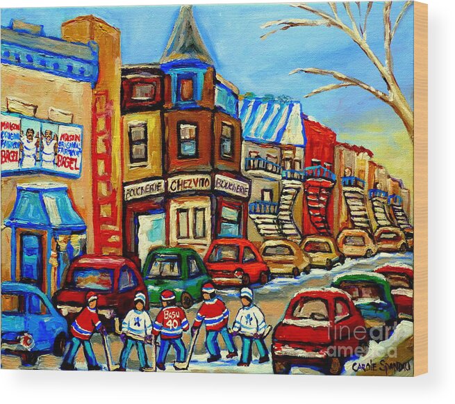 Boucherie Chez Vito Fairmount Street Scene Wood Print featuring the painting Hockey Art Montreal Winter Street Scene Painting Chez Vito Boucherie And Fairmount Bagel by Carole Spandau