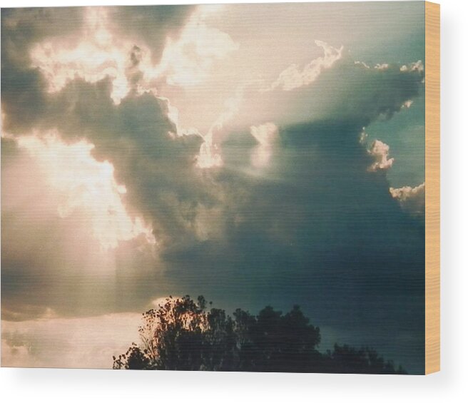 #cowboy #horse #horserider #skyscene #stormclouds #goldenrays #sunbeams Wood Print featuring the photograph Horse Rider in the Sky by Belinda Lee