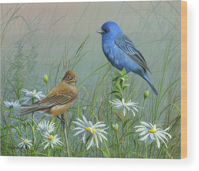 Blue Birds Wood Print featuring the painting Indigo Bunting by Mike Brown