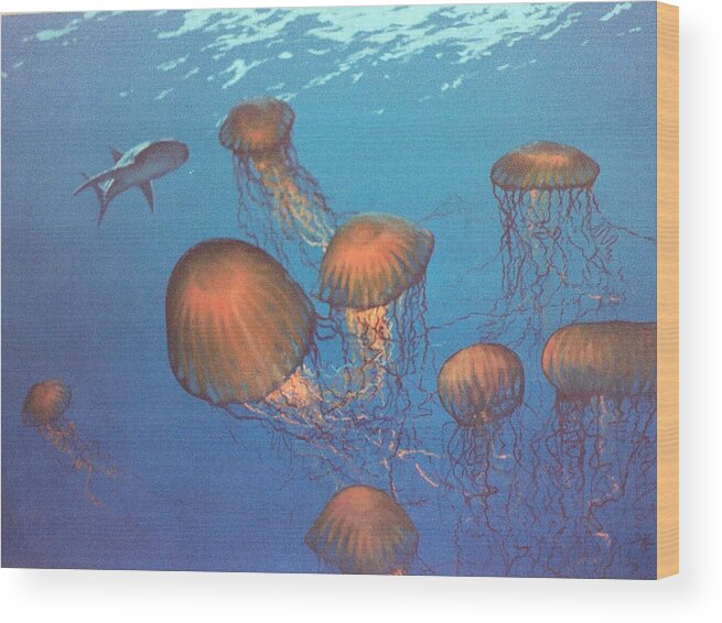 Underwater Wood Print featuring the painting Jellyfish and Mr. Bones by Philip Fleischer