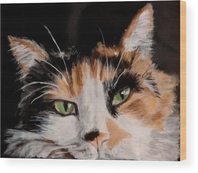 Calico Cat Portrait Wood Print featuring the painting John by Carol Russell