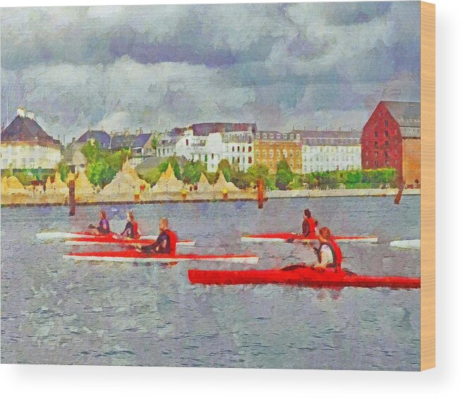 Attraction Wood Print featuring the digital art Kayakers in Copenhagen by Digital Photographic Arts