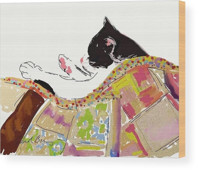 Kitty Napping Wood Print featuring the painting Kitty Sleeping Under Quilt by Carol Berning