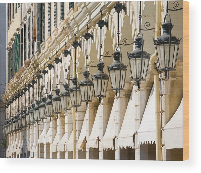 Arch Wood Print featuring the photograph Lamps Lining The Liston, Corfu Town by David C Tomlinson