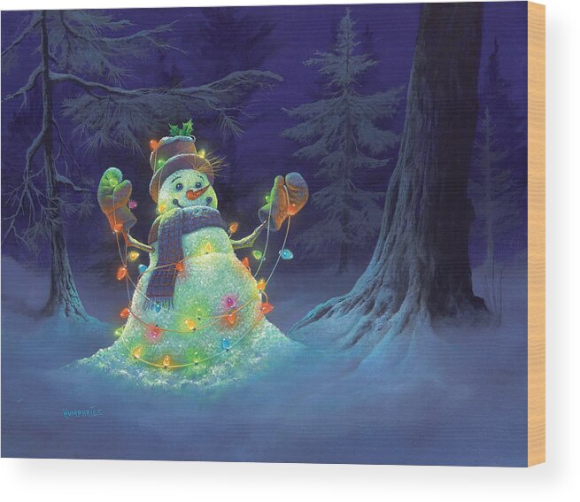 Michael Humphries Snowman Christmas Christmas Lights Winter Night Pillows Christmas Decor Notebooks Shower Curtain Blankets Wood Print featuring the painting Let it Glow by Michael Humphries