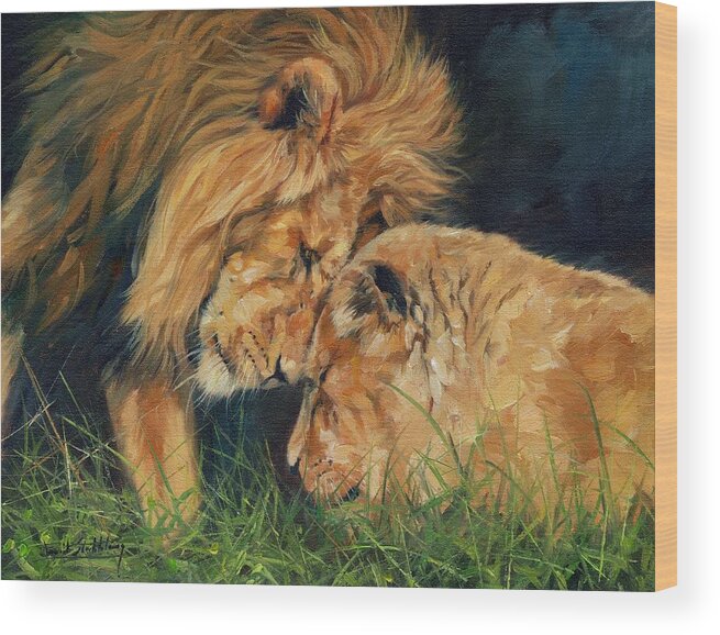 Lion Wood Print featuring the painting Lion Love by David Stribbling