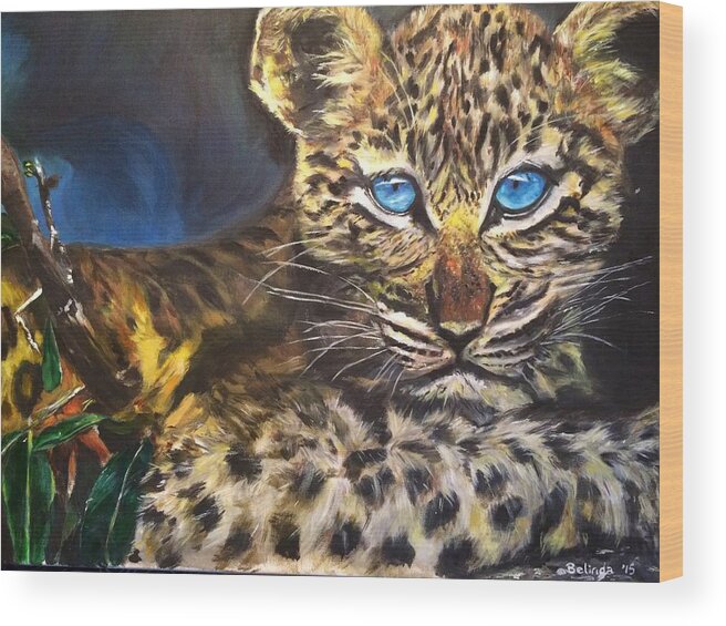 Leopard Wood Print featuring the painting Little Blue Eyes by Belinda Low