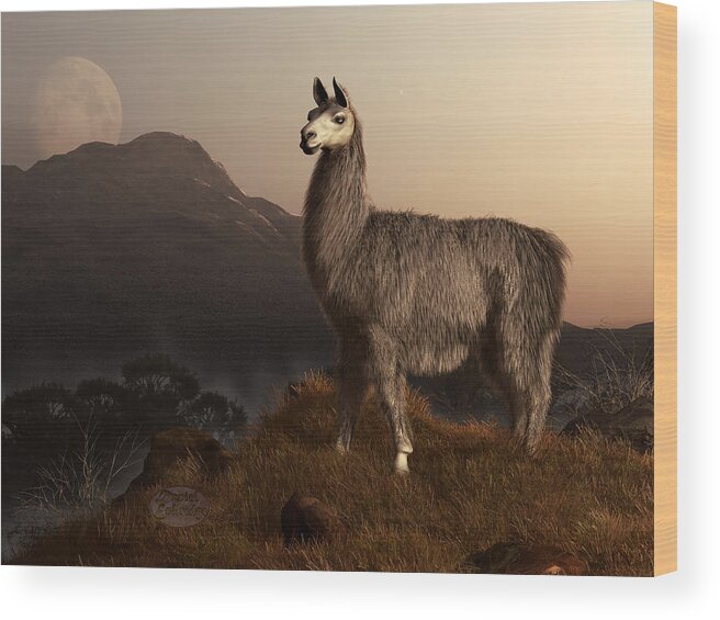 Llama Wood Print featuring the digital art Llama Dawn by Daniel Eskridge