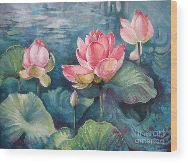 Lotus Flower Wood Print featuring the painting Lotus pond by Elena Oleniuc