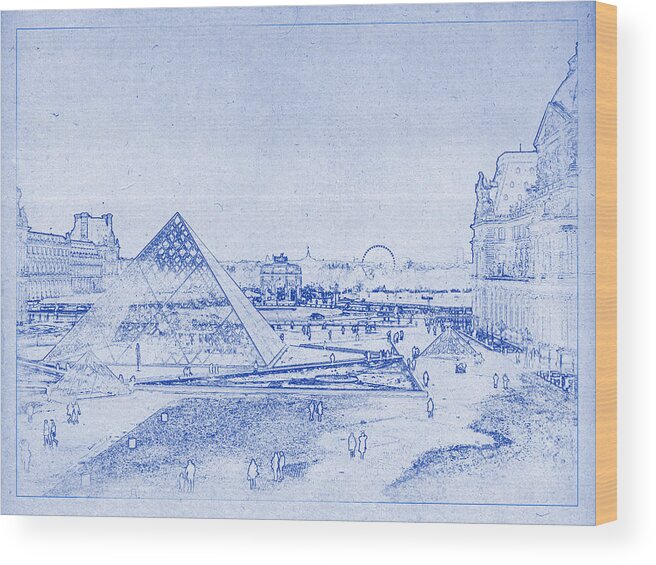 Louvre Wood Print featuring the photograph Louvre and Paris Skyline Blueprint by Kaleidoscopik Photography