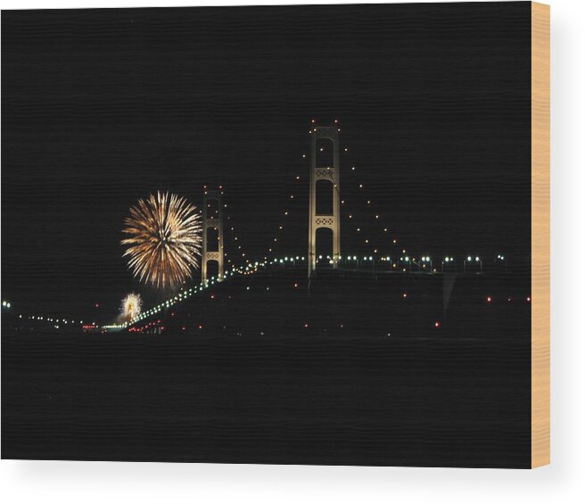 Fireworks Wood Print featuring the photograph Mackinac Bridge 50th Anniversary Fireworks by Keith Stokes
