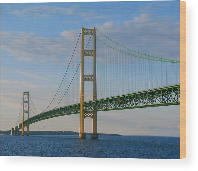 Bridge Wood Print featuring the photograph Mackinac Bridge in the Setting Sunlight by Keith Stokes