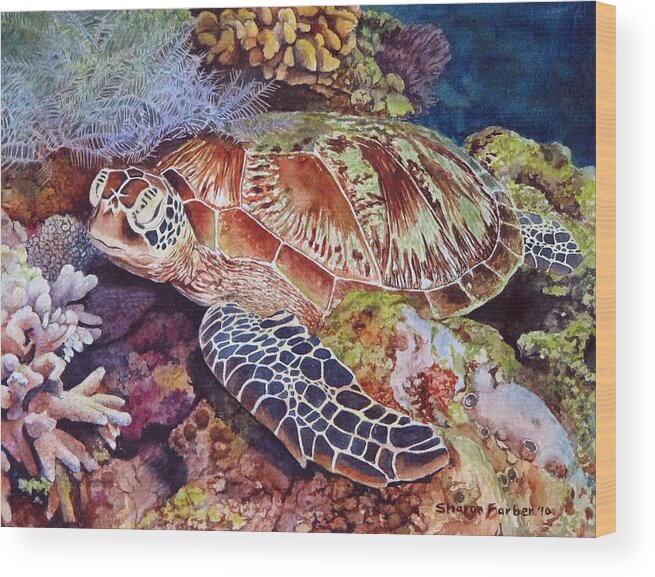 Sea Turtle Wood Print featuring the painting Magical Sea Turtle by Sharon Farber