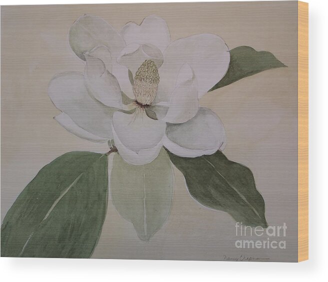 Watercolor Botanical Art Wood Print featuring the painting Magnolia Delight by Nancy Kane Chapman