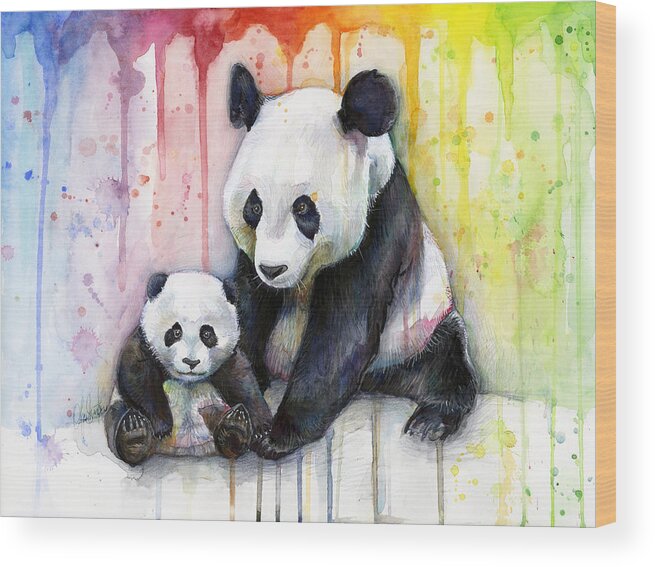 Watercolor Wood Print featuring the painting Panda Watercolor Mom and Baby by Olga Shvartsur