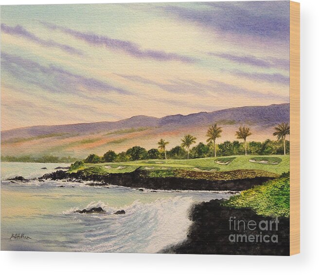 Mauna Kea Golf Course Hawaii Wood Print featuring the painting Mauna Kea Golf Course Hawaii Hole 3 by Bill Holkham