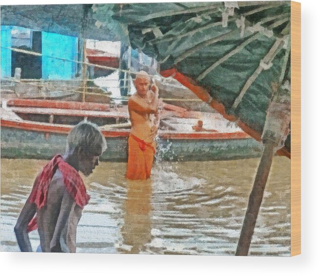 Hindu Wood Print featuring the digital art Men Bathing in the Ganges River by Digital Photographic Arts