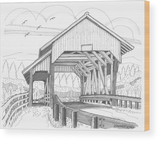 Miller's Run Covered Bridge Wood Print featuring the drawing Miller's Run Covered Bridge by Richard Wambach