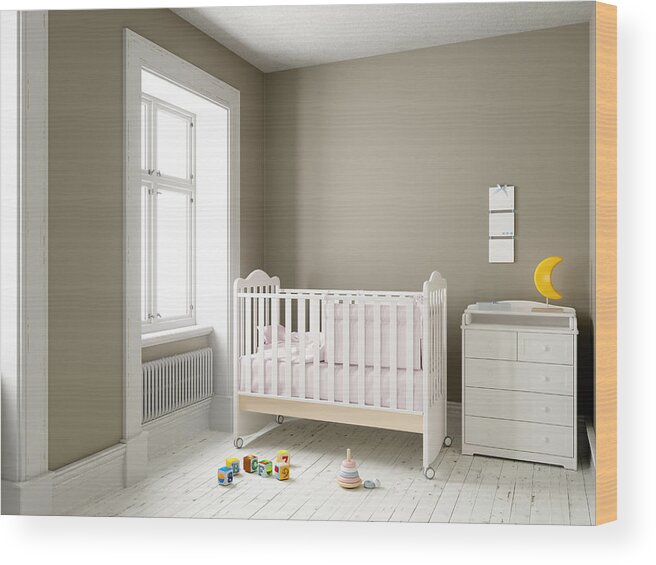 Rug Wood Print featuring the photograph Modern nursery room with blank frame by Onurdongel