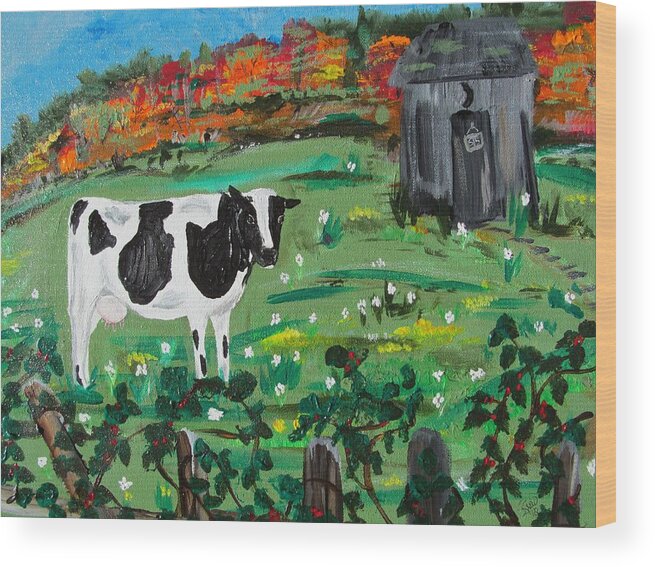 Cow Wood Print featuring the painting Molly's Field by Susan Voidets