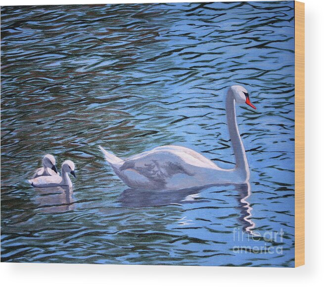 Mother Swan And Babies On The Water Wood Print featuring the painting Mom and Pair by Margaret Sarah Pardy