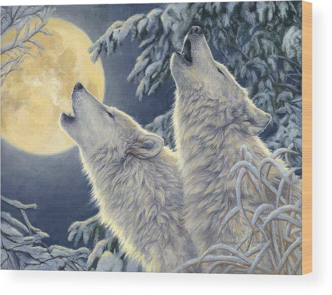 Wolf Wood Print featuring the painting Moonlight by Lucie Bilodeau