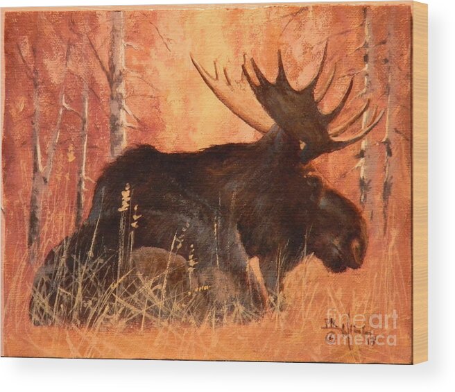 Moose Wood Print featuring the painting Moose at Rest by Paul K Hill