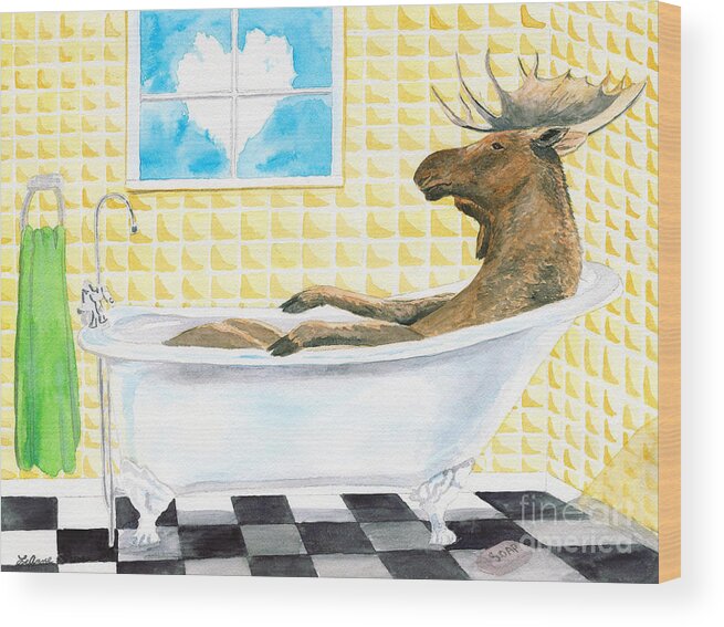 Moose Painting Wood Print featuring the painting Moose Bath, Moose Painting, Moose Print, Bath Painting, Bath Print, Cottage Art by LeAnne Sowa