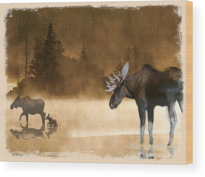  Wood Print featuring the painting Moose In Mist by Michael Pittas