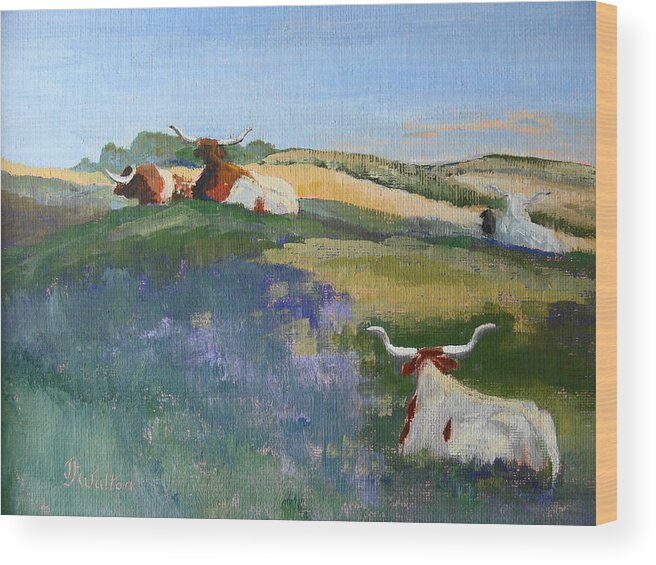 Sunning Longhorns Wood Print featuring the painting Morning Solitude by Judy Fischer Walton