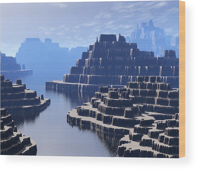 Mountains Wood Print featuring the digital art Mysterious Terraced Mountains by Phil Perkins