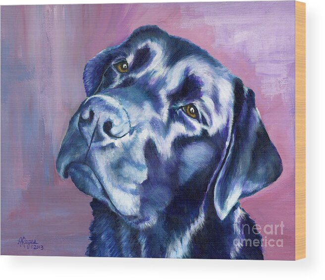 Dog Wood Print featuring the painting Need Help With That? Black Lab by Amy Reges