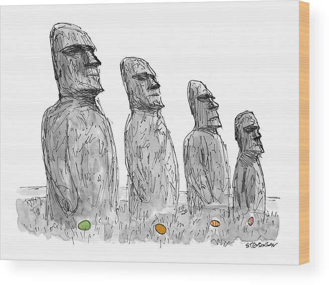 (colored Easter Eggs Lay At The Base Of Easter Island Statues.) Regional Wood Print featuring the drawing New Yorker April 5th, 1999 by James Stevenson