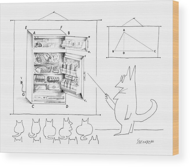 School Schools Elementary Teachers Geometry Class Food Pets Diagrams Study Science 
A Cat Man Points To A Diagram Of A Refrigerator Filled With Food. The Refrigerator Diagram & A Triangle Diagram Hang On The Wall. The Students In The Class Are Cats. Sstoon Saul Steinberg Sst Artkey 66295 Wood Print featuring the drawing New Yorker December 19th, 1964 by Saul Steinberg