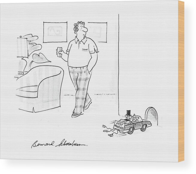 No Caption
Man With Glass In Hand Watches Miniature Car Go Driving By Wood Print featuring the drawing New Yorker July 6th, 1987 by Bernard Schoenbaum