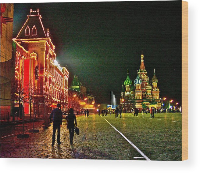 Night View Of Gum And Saint Basil Cathedral In Red Square In Moscow Wood Print featuring the photograph Night View of GUM and Saint Basil Cathedral in Red Square in Moscow-Russia by Ruth Hager