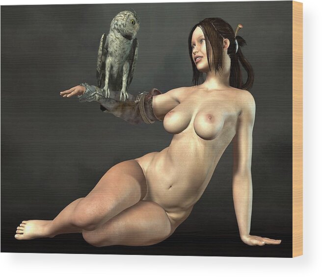 Goddess Wood Print featuring the digital art Nude Athena With Owl by Kaylee Mason