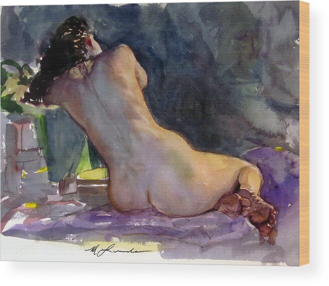 Nude Back View Watercolor Wood Print featuring the painting Nude Female Back by Mark Lunde